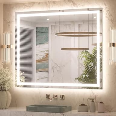 Keonjinn 42 x 36 Inch LED Bathroom Mirror with Lights, Bighter Frontlit & Backlit Vanity Mirror with Stepless Dimmable 3-Color, Anti-Fog Mirror for Wall, HD Tempered Glass, Memory Founction, CR90+ - Image 1