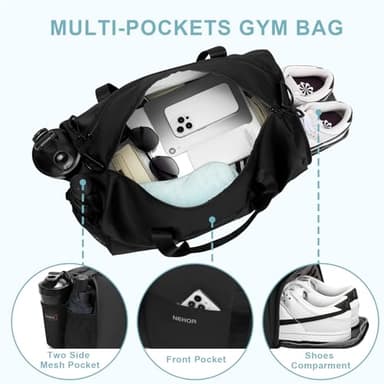NEHOR Gym Bag for Women Men,Small WeekenderTravel Duffle Bag with Shoes Compartment & Wet Pocket,Water Resistant Sports Bag for Travel, Gym, Swimming, Yoga, Black - Image 5