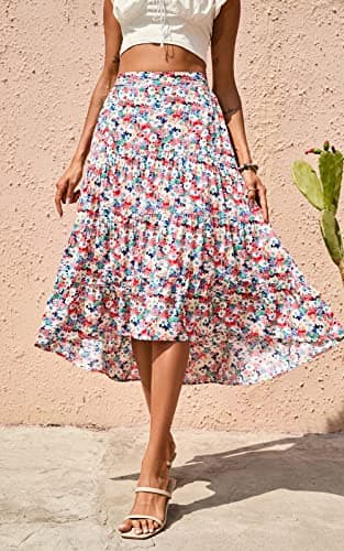 PRETTYGARDEN Ditzy Floral Skirt Midi Boho Elastic High Waist Skirt A-line Long Vintage Skirts for Women Pleated Skirt (Blue Red,X-Large) - Image 2
