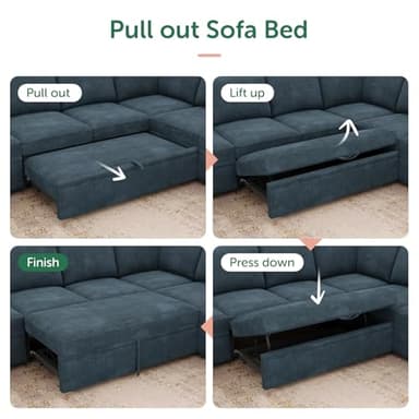 HONBAY Modular Sectional Couch with Pull Out Bed, Corduroy Sleeper Sofa with Storage Seats, U Shaped Sectional Couches for Living Room, Blue - Image 6