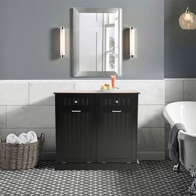 LOUVIXA Tilt Out Trash Can Cabinet Dog Proof with Double Wood Hidden Trash Can Holder, Kitchen Free Standing Recycling Cabinet（Black） - Image 9