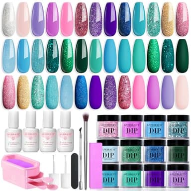 AZUREBEAUTY 31 Pcs Dip Powder Nail Kit Starter 20 Colors Glitter Nude Green Mermaid Serie Dip Powders Liquid Set with Base Top Coat Activator French Nails Art Manicure DIY Salon Christmas Gift - Image 1