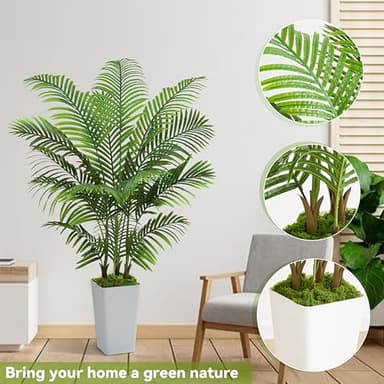 Artificial Palm Tree Artificial Silk Plant Fake Tree with White Tall Planter Faux Tropical Areca Floor Plant in Pot (1, White Tall Planter, 5 FT) - Image 4