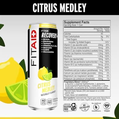 FITAID Recovery Blend, BCAAs, Vitamin B6, B12, Glucosamine, Electrolytes, 100% Clean, Paleo, B-Complex, Citrus Medley, No Sucralose, 12-oz. cans (Pack of 12) - Image 2