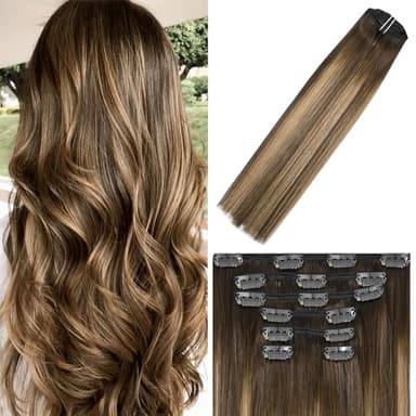 WindTouch Clip in Hair Extensions Real Human Hair Balayage Chocolate Brown To Dark Blonde Ombre Highlights for Brown 75g 22Inch 7PCS #4T27P4 - Image 1