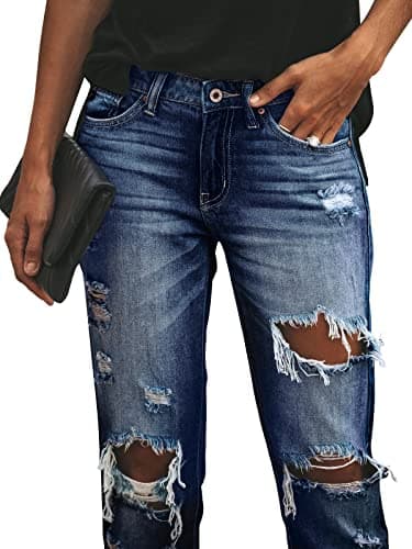 KUNMI Women's Ripped Mid Waisted Boyfriend Jeans Loose Fit Distressed Stretchy Denim Pants - Image 4