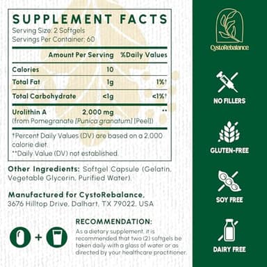 CystoRebalance Urolithin A Supplement 2000MG - for Healthy Aging, Antioxidants and Mitochondrial - High Purity & Potency - 120 Softgels - 60 Serving - Image 2