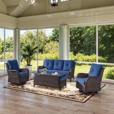 Belord Wicker Outdoor Furniture Patio Furniture Set - 6 Piece Patio Conversation Set with Swivel Rocker Chairs, Rattan Sofa, Ottomans and Coffee Table, Blue Cushion - Image 2