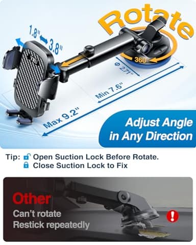 YRU True Military-Grade [360° Rotation Suction] 2025 Ultimate Car Phone Holder Mount 【90+LBS Safest Strongest & Patent Certs】 Dashboard Windshield Vent for iPhone 17 16 Pro Max Samsung, Gloss Black - Image 4