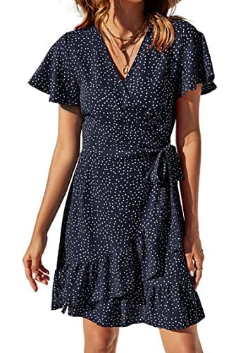 Naggoo Women's Summer Wrap V Neck Polka Dot Print Ruffle Short Sleeve Mini Dress with Belt Navy Blue S - Image 1