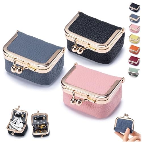 ROPTINK Genuine Leather Mini Jewelry Box, Mini Coin Purse Jewelry Case, Jewelry Case Kiss Lock, Travel Ring Box for Women for Earring/Ring/Necklace/Bracele (3 Pcs-A) - Image 1