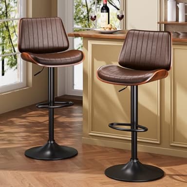 YaFiti Bar Stools Set of 4, Bar Stools for Kitchen Island with Bentwood Back and Leather Seat, Swivel Barstools for Kitchen Counter, Bar, Brown - Image 2
