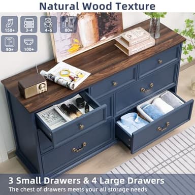 Joaxswe Farmhouse 54" 7 Drawers Dresser for Bedroom, Wide Chest of Drawers w/ 4 Wooden Legs, Vintage Rustic Large Closet Storage Dressers Organizer for Hallway, Wood TV Stand for Living Room, Blue - Image 4