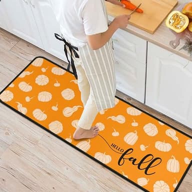 Orange Hello Pumpkin Fall Kitchen Rugs Set of 2, Autumn Harvest Pumpkin Thanksgiving Front Door Mat Floor Rug for Home Holiday Party Decor 17"x47"+17"x30" - Image 4