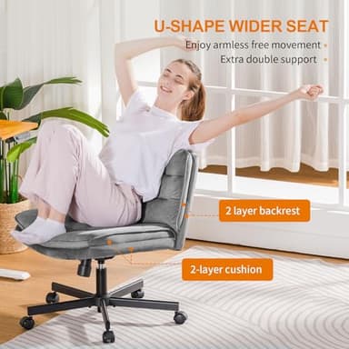 COMHOMA Cross Legged Office Chair with Wheels Armless-Office Desk Chair, Modern Vanity Computer Task Chairs for Home Bedroom, Comfortable Wide Seat for Lower Back Pain Relief, Soft Velvet, Gray - Image 3