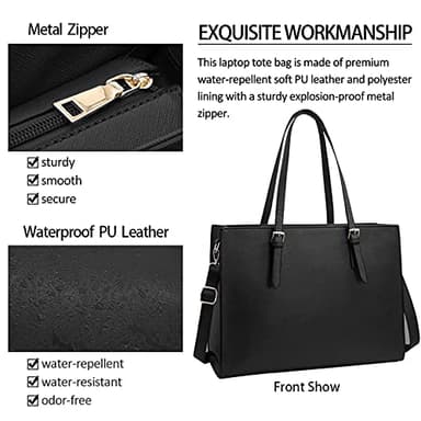 Laptop Bag for Women Waterproof Lightweight Leather 15.6 Inch Computer Tote Bag Business Office Briefcase Large Capacity Handbag Shoulder Bag Professional Office Work Bag Black - Image 2