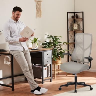 Sweetcrispy High Back Office Chair - Ergonomic Computer Gaming Mesh Chairs with Lumbar Support, with Soft Flip Up Arms, Adjustable Height and 360° Wheels, 120° Rocking Mode, Light Grey - Image 6
