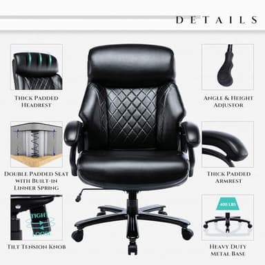 COLAMY Big and Tall Office Chair 400lbs-Heavy Duty Executive Desk Chair with Extra Wide Seat, High Back Ergonomic Leather Computer Chair with Tilt Rock, Padded Armrests, Diamond Black - Image 6