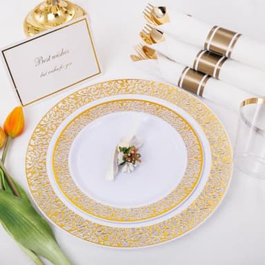 WELLIFE 175Pcs Gold Dinnerware Sets, Include:25 Dinner Plates, 25 Dessert Plates, 25 Paper Napkins, 25 Cups, 25 Plastic Cutlery Set - Image 6