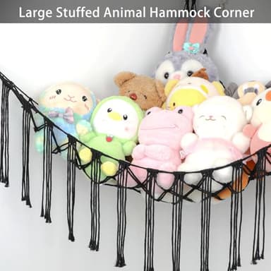 Stuffed Animal Hammock Corner, Hand-knitted Large Plushie Net Toy Hammock with Wooden Rings | Boho Cute Stuff Animal Storage for Nursery & Bedroom | Mesh Kids Toy Organizer Holder Nursery Room Decor - Image 4