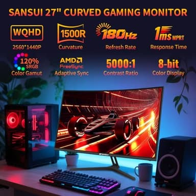 SANSUI 27 Inch WQHD 2560X1440 Curved Gaming Monitor, 180Hz MPRT 1ms Computer Monitor,HDMI2.0 * 2, DP1.2 * 2, Freesync, Curved 1500R, 5000:1 Contrast Ratio, 120% sRGB,HDR(ES-G27C1Q DP Cable Included) - Image 2