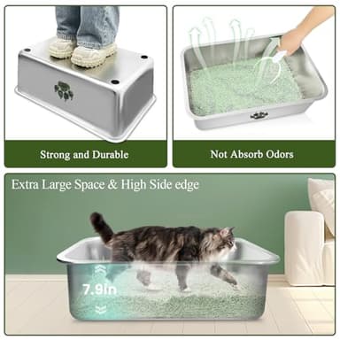 PWTAA Stainless Steel Cat Litter Box, High Side Cats Toilet Metal Litter Box, Pet Cleaning Tool for Cats, Rabbits, Splash-Proof and Non-Stick Cat Poop Box odorless, Camo Paws 23.6"x15.7"x7.9" - Image 6