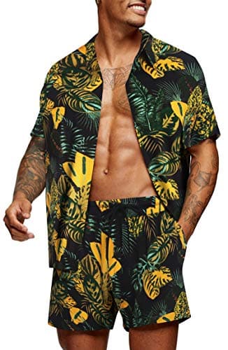 COOFANDY Men's Flower Casual Button Down Short Sleeve Hawaiian Shirt Suits Two Piece Outfits Sets Tropical Vacation Wear - Image 1