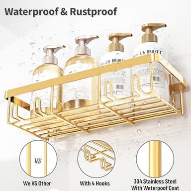 Liuoud 5 Pack Shower Caddy Organizer Rack Shelf for Inside Shower, Self Adhesive Wall Storage Basket Rustproof Stainless Steel Shampoo Holder Bathroom Accessory Decor Set, Gold - Image 3