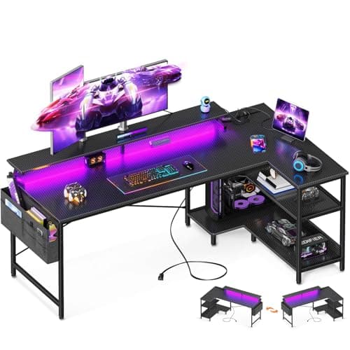 ODK 66 Inch Gaming Desk with USB Charging Ports and LED Lights, Reversible L Shaped Computer Desk with Storage Shelves & Monitor Stand, Corner Gamer Desk Table with Power Outlets, Carbon Fiber Black - Image 1
