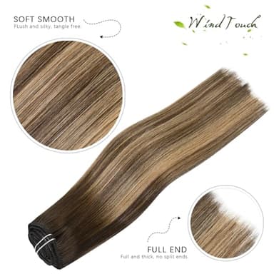 WindTouch Clip in Hair Extensions Real Human Hair Balayage Chocolate Brown To Dark Blonde Ombre Highlights for Brown 75g 22Inch 7PCS #4T27P4 - Image 2