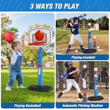 HYES 2 in 1 Kids Basketball Hoop and T Ball Set - Adjustable Height, Kids Baseball Tee with Automatic Pitching Machine, Indoor Outdoor Sport Toys Gifts for Toddler Boys Girls Age 1-5, Blue - Image 2