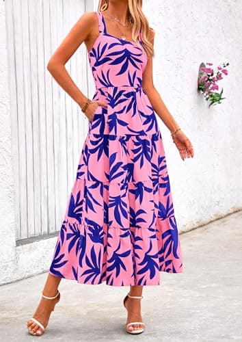 PRETTYGARDEN Women's Summer Floral Maxi Dress Sleeveless Smocked Ruffle Long Flowy Beach Vacation Boho Sundresses (Floral Pink Blue,Small) - Image 5