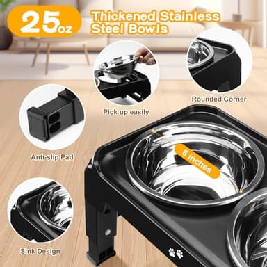 COMESOON Elevated Dog Bowls for Small Medium Dogs, 3 Height Adjustable Raised Stand with 2 Thick 6" Stainless Steel Food Bowls, Non-Slip Feeder Adjusts to 2.75", 6", 7.5", Black - Image 3