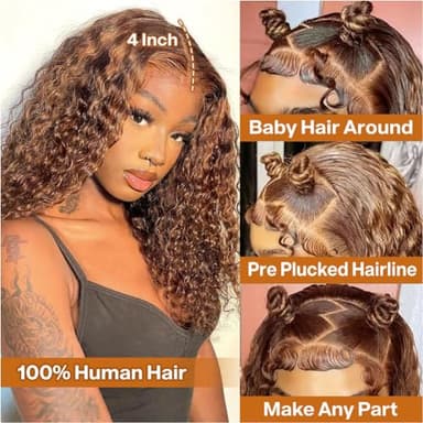 HIRIREMY Curly Bob Wig Human Hair Deep Wave 13x4 HD Lace Front Wigs For Black Women Human Hair Pre Plucked Wear And Go Glueless Short Wet And Wavy Ombre Honey Blonde Highlight Color 4/27 14 Inch - Image 2