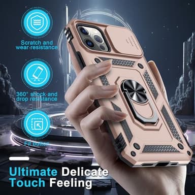 Janmitta Case for iPhone 16e Phone Cover Built in Slide Camera Lens Cover+Screen Protector,Heavy Duty Shockproof Full Body PhoneCase with Finger Ring Holder Kickstand,2025 Rose Gold - Image 7