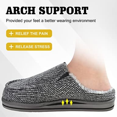 ONCAI Slipper for Men 2025 with Arch Support,Cotton-Blend Memory Foam House Slippers for Man Warm Strips Fluff Plush Wool-like Clogs with Rubber Sole Grey Size 12 - Image 5