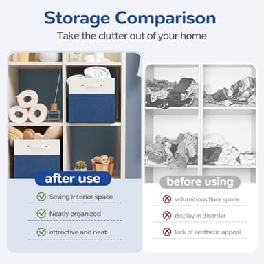 VQRTEXA 13 x 13 Inch Fabric Storage Cube Bins, 6 Pack Fine Linen Storage Boxes with Handles, Collapsible Basket Organizers for Shelves (White/Blue) - Image 6