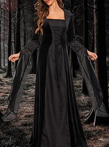 BITSEACOCO Deluxe Witch Dress Costume for Women, Vintage Embroidered Renaissance Victorian Gothic Hooded Vampire Gown Dress Cosplay (Black,S) - Image 2