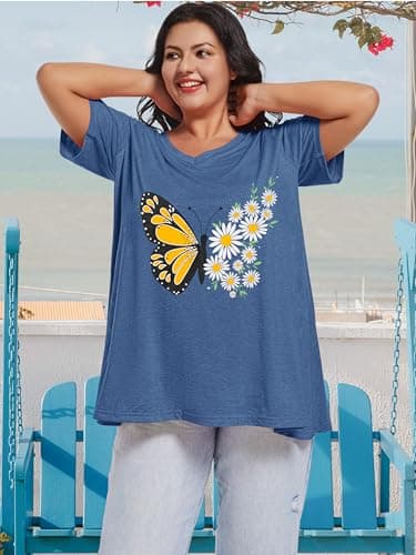 JOELLYUS Plus Size Tops for Women Summer Top V Neck T Shirts Loose Fit Basic Tees Short Sleeve Blouse(Grey Blue Butterfly,2XL) - Image 4