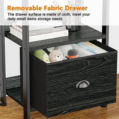 Furologee 5 Tier Bookshelf with Drawer, Kitchen Bakers Rack with Storage, Tall Narrow Bookcase, Industrial Free Standing Display Shelf, Wood and Metal Book Shelf for Bedroom, Living Room, Black - Image 5