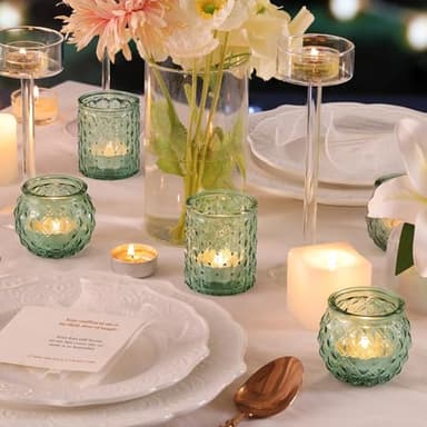 DARJEN 12Pcs Green Votive Candle Holders with 12Pcs Tea Lights Candles- Round Glass Candle Holders Bulk for Table Centerpiece, Tea Lights Candle Holders for Wedding Home Party & Gift - Image 4