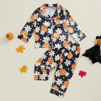 Honganda Kids Toddler Baby Girl Boy Halloween Pajamas Set Ghost Pumpkin Pajama Shirt Top Pants Satin Loungewear Outfits (Black Orange, 2-3 Years) - Image 2