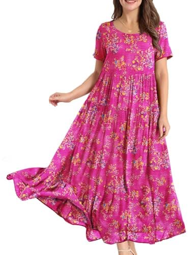 YESNO Women Casual Loose Bohemian Floral Dress with Pockets Short Sleeve Long Maxi Summer Beach Swing Dress 2XL EJF CR26 Pink - Image 1