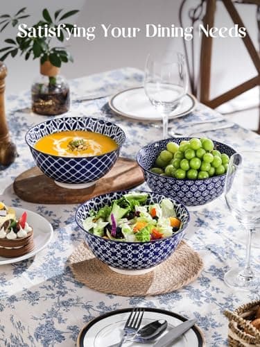 DOWAN Serving Bowls, Ceramic Large Salad Bowls Set, 8 inch 50oz Soup Bowls Set of 3 for Pho, Ramen, Pasta, Stackable and Microwave Safe, Home Kitchen Gift, Vintage Blue - Image 2