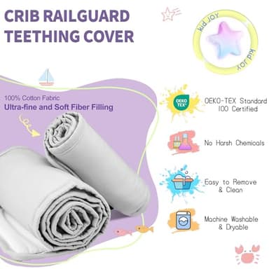 Azure/White Reversible Crib Rail Covers, Three-layers of Thickened Material to Protect Baby's Teeth, Soft Anti-Collision Crib Teething Rail Cover, Strip Corner Baby Bed Chewing Guard Rail, 4-PCS - Image 4