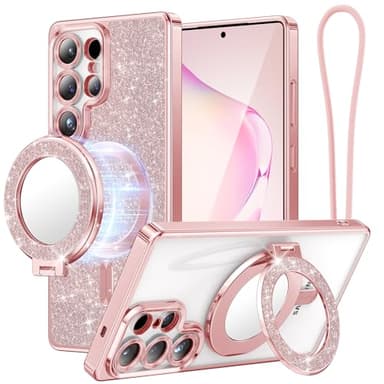 Meifigno Magnetic Case with Removable Phone Ring Stand for Samsung Galaxy S25 Ultra, [Glitter Card & Wrist Strap] [MagSafe Compatible] [Built in Mirror] Phone Ring Stand + Phone Case Kit, Rose Gold - Image 1