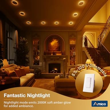 Amico 12 Pack 6 Inch 5CCT LED Recessed Ceiling Light with Night Light, 2700K/3000K/3500K/4000K/5000K Selectable Ultra-Thin Lighting, 12W=110W, 1100LM, Dimmable Canless Wafer Downlight ETL&FCC - Image 6