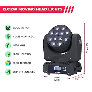 Moving Head Light Beam Wash 12x12W LED Stage Lighting RGBW 4in1 Professional DMX 512 Strobe Effect Sound Activated DJ Lights for DJ Night Clubs Disco KTV Bar Show (2 Pack) - Image 7