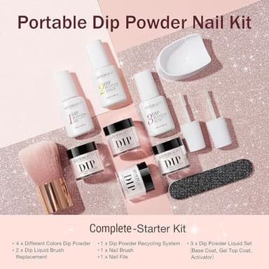 AZUREBEAUTY Dip Powder Nail Kit Starter, All Season Nude Skin Glitter 4 Colors Dipping Powder Liquid Set Recycling Tray with Base & Top Coat Activator for French Nail Art Manicure Salon DIY at Home. - Image 6