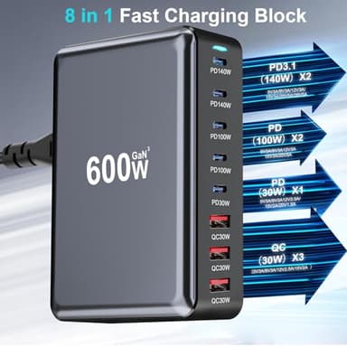 600W Fast USB C GaN Ⅲ Pro Charger Block,8 Port Charging Station,Dual 140W PD3.1 PPS Fast Charging Station for Multiple Devices Laptop Wall Charger Compatible with MacBook/iPhone 16/iPad etc - Image 2